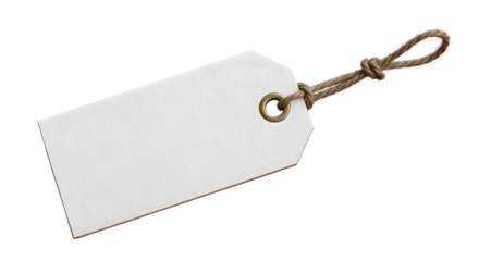 Blank white textured paper tag with a rustic twine string and metal grommet, isolated on transparent background, ready for custom text or design