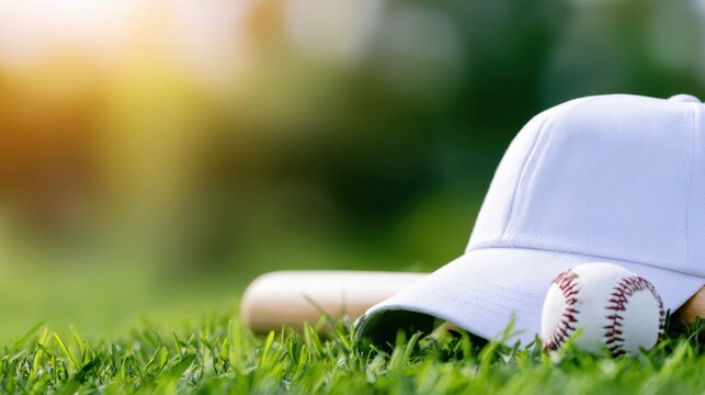 A white baseball cap, bat, and ball resting on lush green grass under a warm sunset glow