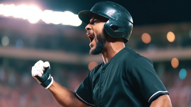 Excited baseball player celebrating a home run in a lively stadium at night with cheering fans
