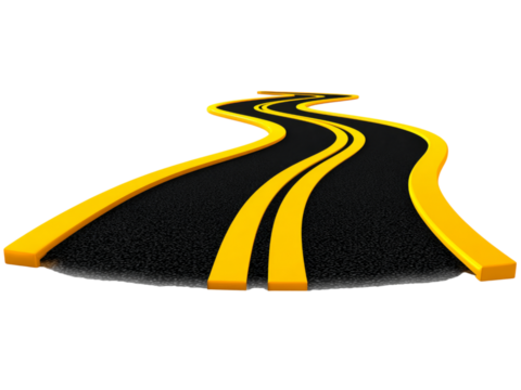 Winding road abstract black yellow asphalt highway journey, Isolated On White Background, Png Transparent