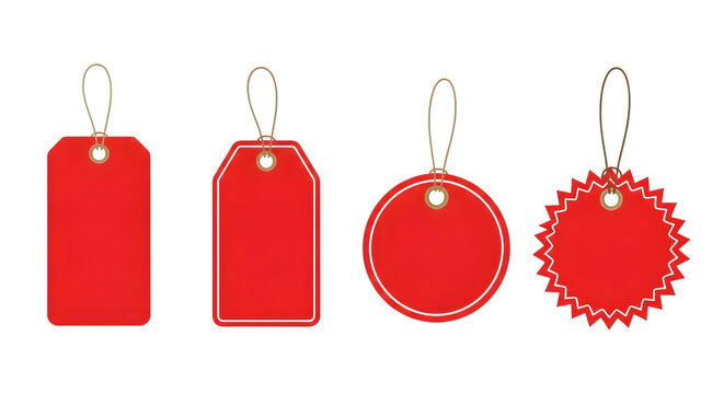 Four red tags of different shapes, isolated on transparent background