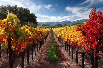 Naklejka premium Vibrant autumn vineyard landscape with colorful leaves and clear sky