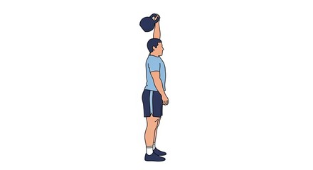Man performing a single arm kettlebell overhead press exercise illustration.