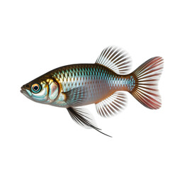 Iridescent colorful small aquarium fish illustration with shimmering scales and flowing fins isolated on transparent background