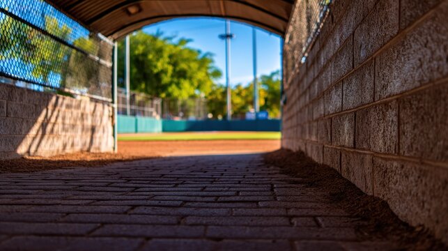 View from a dugout leading to a vibrant baseball field with lush greenery in the background