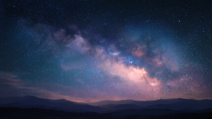 Fototapeta premium A stunning night sky filled with a mesmerizing view of the Milky Way galaxy. The cosmos display a beautiful mix of colors, with the horizon of silhouettes of mountains