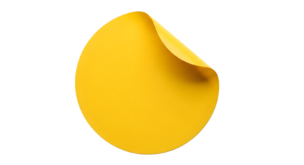 A bright yellow circle sticker with a peeled corner, isolated on transparent background
