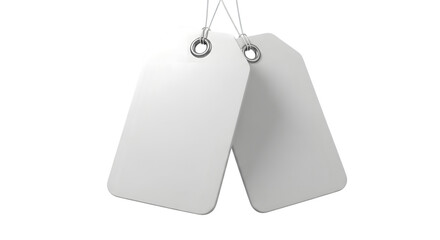 Fototapeta premium Two blank white price tags hanging by strings, isolated on transparent background