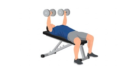 Man performing dumbbell chest press on a weight bench in a gym.