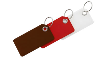 Three blank rectangular tags in different colors brown, red, and white, each with a metal ring, isolated on transparent background