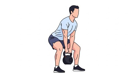Man Performing Kettlebell Sumo Deadlift Exercise Illustration.