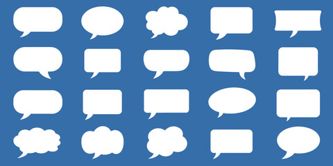 Collection of white speech bubbles of different shapes on a blue background pattern