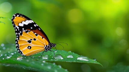 Fototapeta premium A vibrant orange butterfly perched delicately on a green leaf with water droplets, surrounded by a lush background