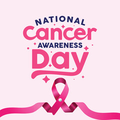 National Cancer Awareness Day India typography greeting card with ribbon icon. Elegant hand lettering design for poster, banner, campaign, or t-shirt print promoting cancer awareness.