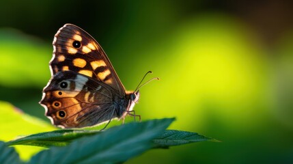Obraz premium A vibrant butterfly perched on a green leaf, basking in sunlight with a blurred natural background
