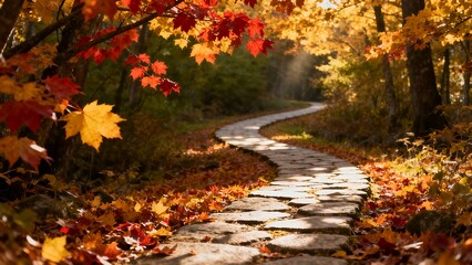 Fototapeta premium Sunlit Curving Stone Path Through Vibrant Autumn Foliage, Warm Golden Leaves Framing a Serene Forest Walk