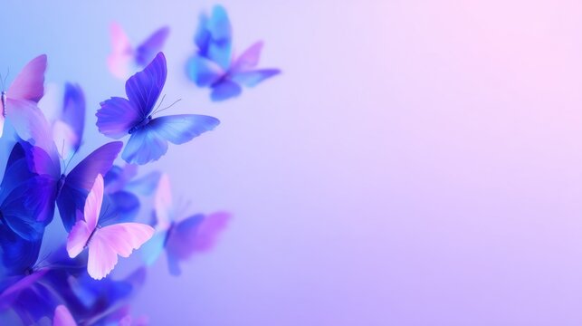 Vibrant butterflies in shades of purple and blue flutter against a soft pastel background, symbolizing beauty