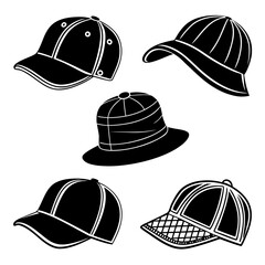 Five black silhouette hats on white background black and white