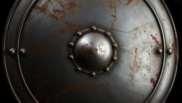 A detailed close-up of an antique metal shield showcasing its rustic finish and intricate design.