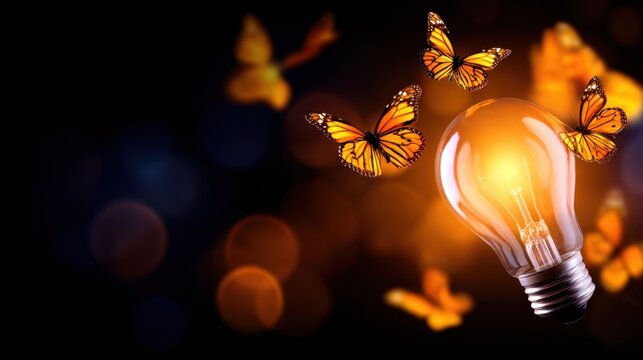 A glowing light bulb surrounded by vibrant butterflies against a dark, dreamy background