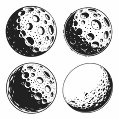 Four Black and White Craters Moon Illustrations lunar