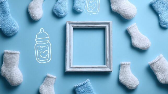 A flat lay of baby socks and a frame on a blue background, with a bottle illustration, creating a playful and cozy atmosphere, baby and mom background - Powered by Adobe