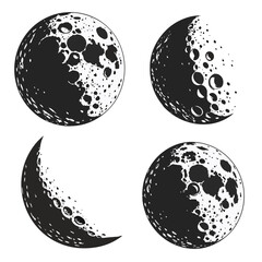 Four black and white moon phases with craters lunar 1