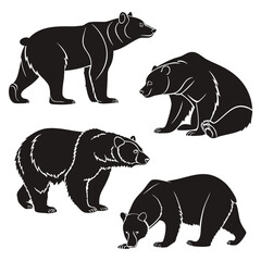 Four black bear silhouettes in various poses white background