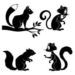 Four black cartoon squirrels in various poses on white background