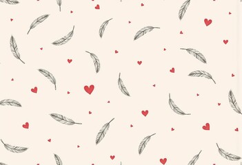 Delicate Pattern of Grey Feathers and Red Hearts on a Soft Beige Background Creating a Gentle Romantic Aesthetic