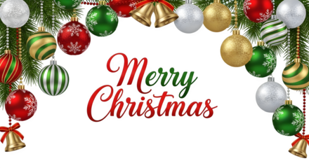 Christmas ornaments and bells with "Merry Christmas" text, isolated on transparent background