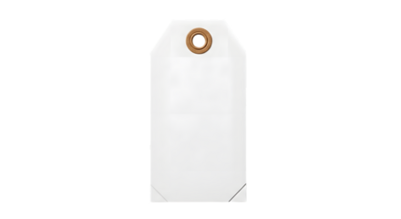 A blank white paper tag with a reinforced hole and string, isolated on a transparent background, ready for custom text or branding
