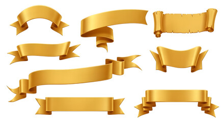 Collection of golden ribbons and banners isolated on transparent background, perfect for design elements and graphic resources