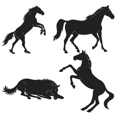 Fototapeta premium Four black horse silhouettes in various poses white background 1