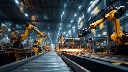 Vibrant photo of advanced robotic arms in a futuristic manufacturing facility