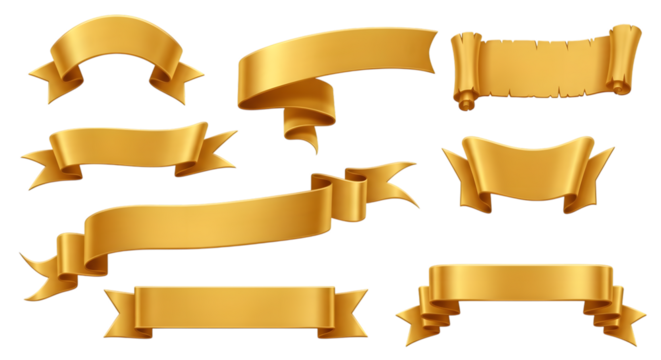 Collection of golden ribbons and banners isolated on transparent background, perfect for design elements and graphic resources