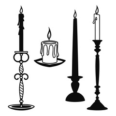 Four black silhouette candles with flames on white background