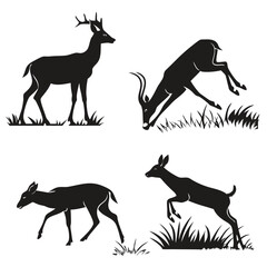 Four black silhouette deer in various poses on white background