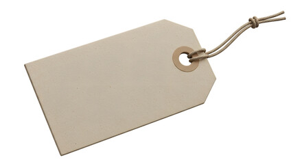 A blank, empty, beige, cardboard price tag with a string tie, isolated on a transparent background