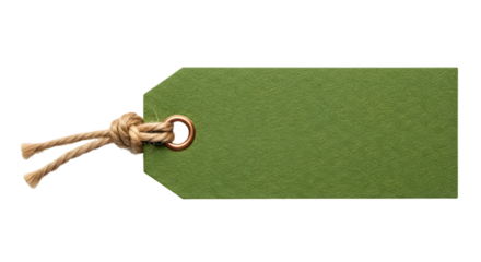 A textured green gift tag with a rustic twine string and metal grommet, isolated on a transparent background