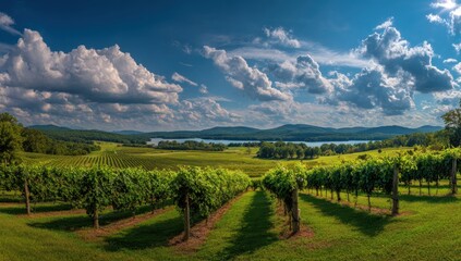 Fototapeta premium Vibrant landscape of lush green vineyards under a dramatic blue sky