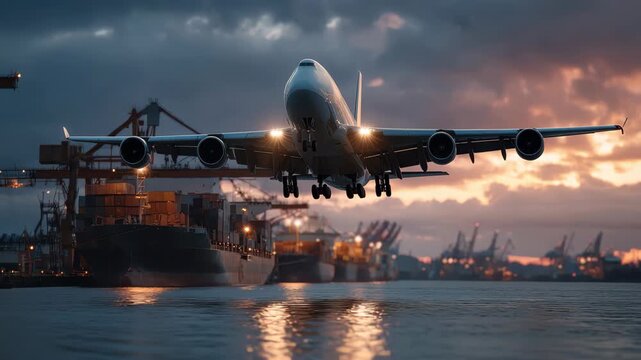 Cargo plane soaring above a busy shipping port at dusk with vivid skies and cranes in the background