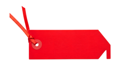A single red tag with two red ribbons attached, isolated on a transparent background