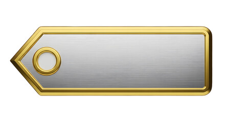 A metallic arrowshaped tag with a golden border and a circular emblem, isolated on a transparent background