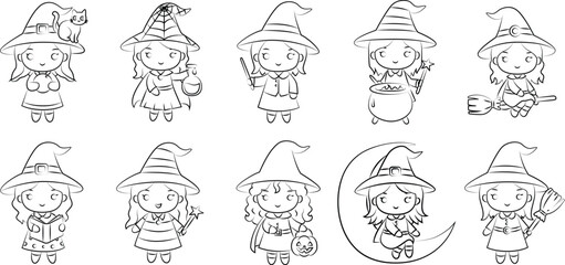 Cute Cartoon Witches Set. Halloween Character Line Art Collection.