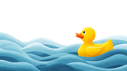 Yellow rubber duck floating on blue waves, isolated on white background