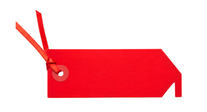 A single red tag with two red ribbons attached, isolated on a transparent background