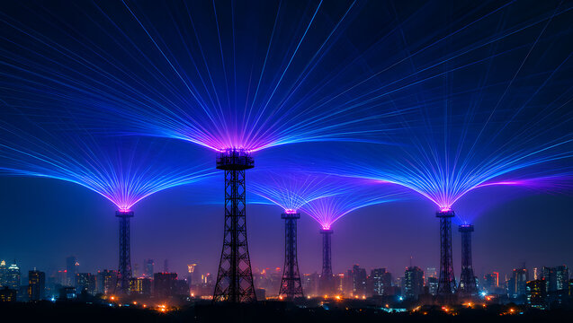 Communication Towers Emitting Blue and Purple Laser Beams Over City Skyline 2200 41bc