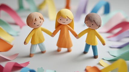 Three children of diverse ethnic backgrounds hold hands in a colorful paper circle, symbolizing unity, inclusion, and friendship. The soft handmade look expresses childhood innocence, teamwork
