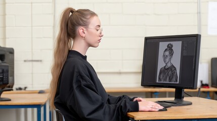  young woman with long hair and glasses edits a digital portrait on a computer in a classroom setting, focused on her work.